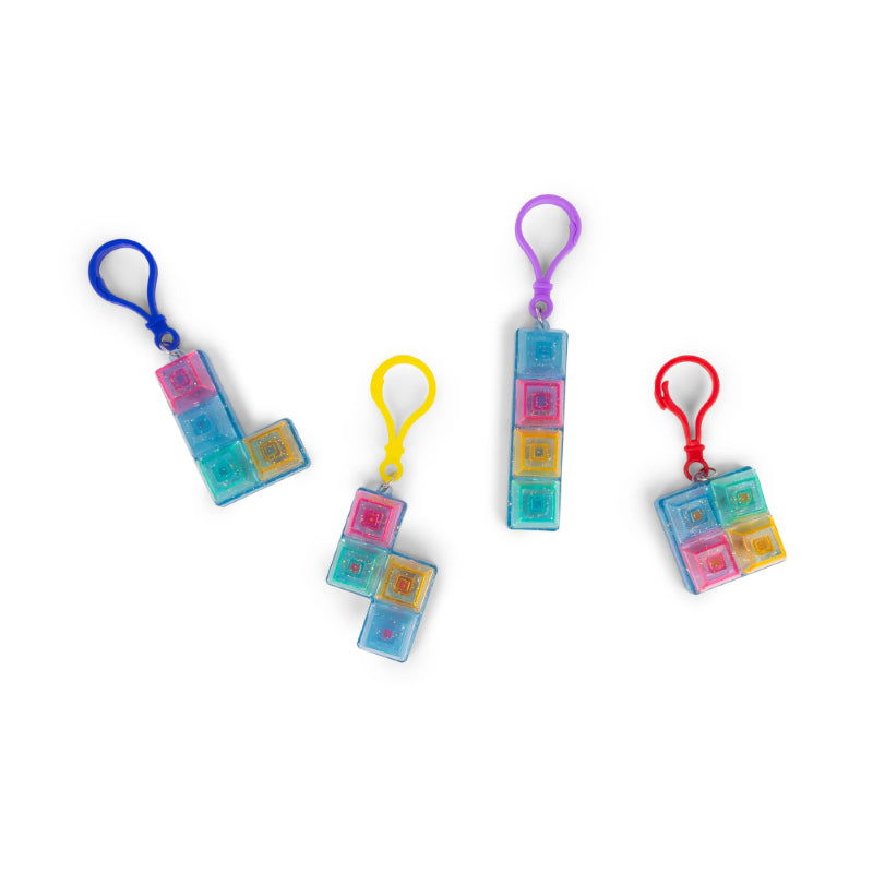 Four Glitter Fidget Keyboard Keychains in different shapes with blue, yellow, purple, and red clips