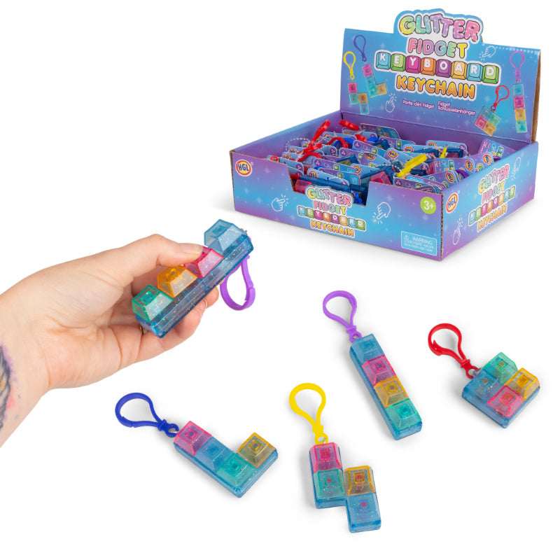 Glitter Fidget Keyboard Keychain shown with hand demo and retail display box in assorted shapes and colors