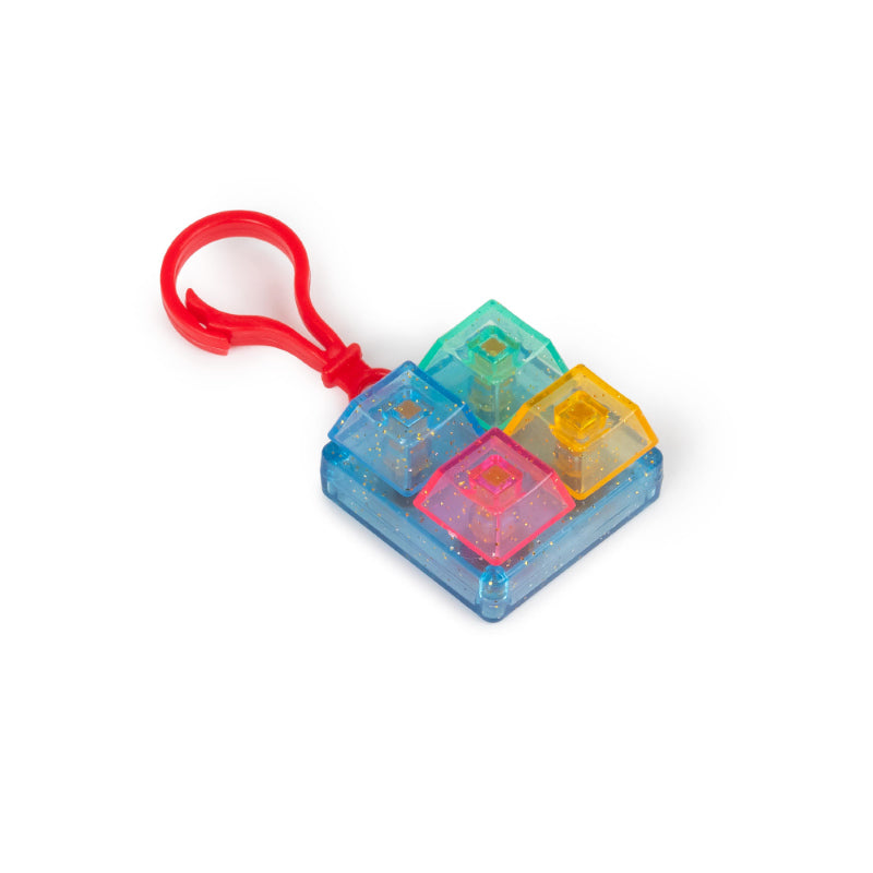 Glitter Fidget Keyboard Keychain in square shape with red clip, close-up
