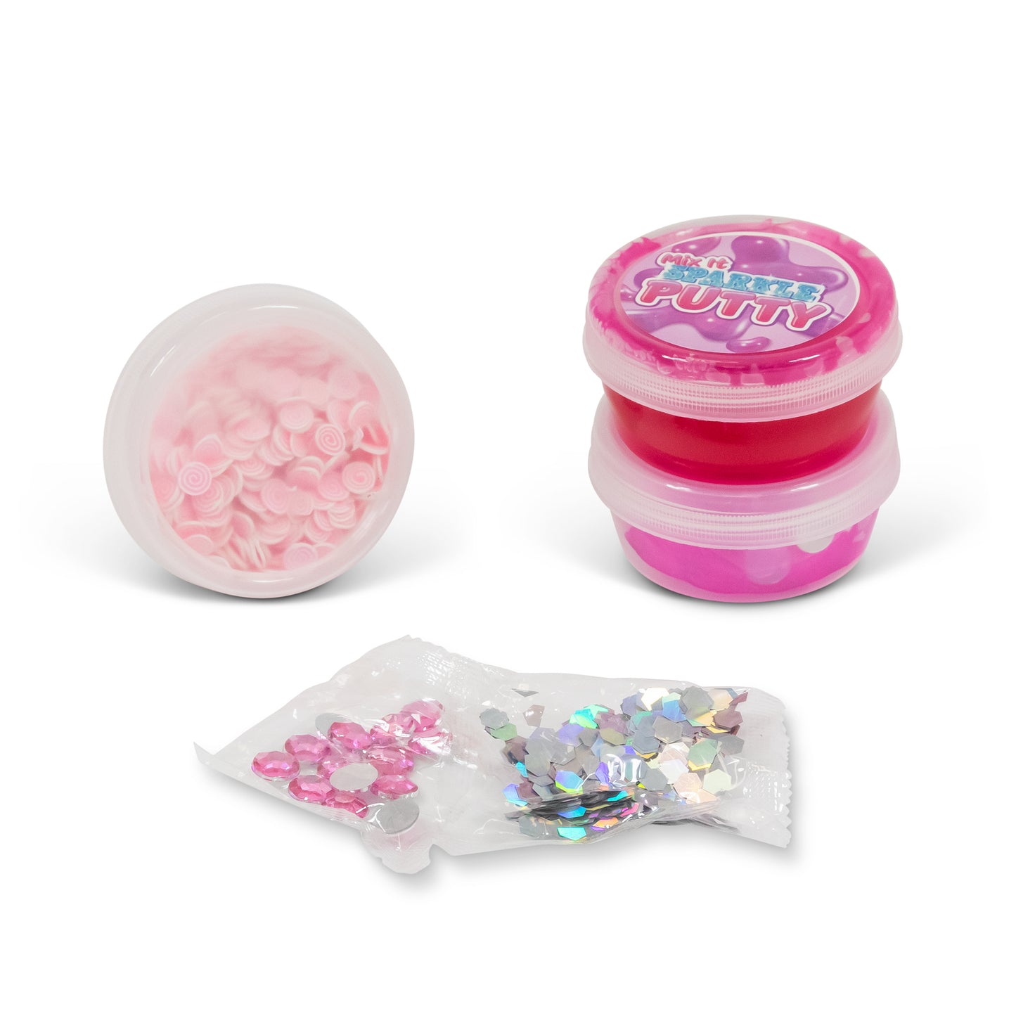 Mini containers of sparkle putty for sensory play