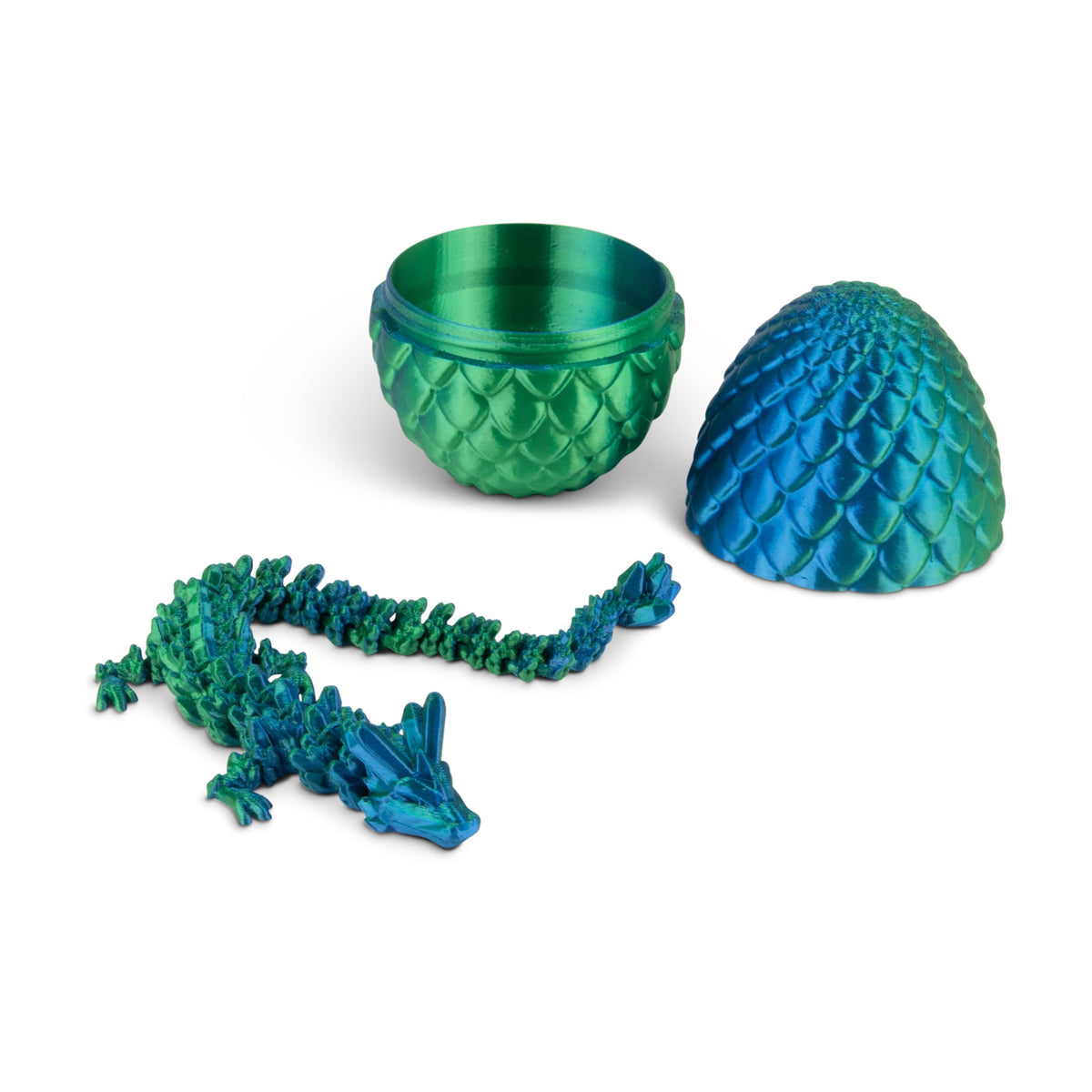 Open green and blue 3D printed dragon egg with articulated dragon figure