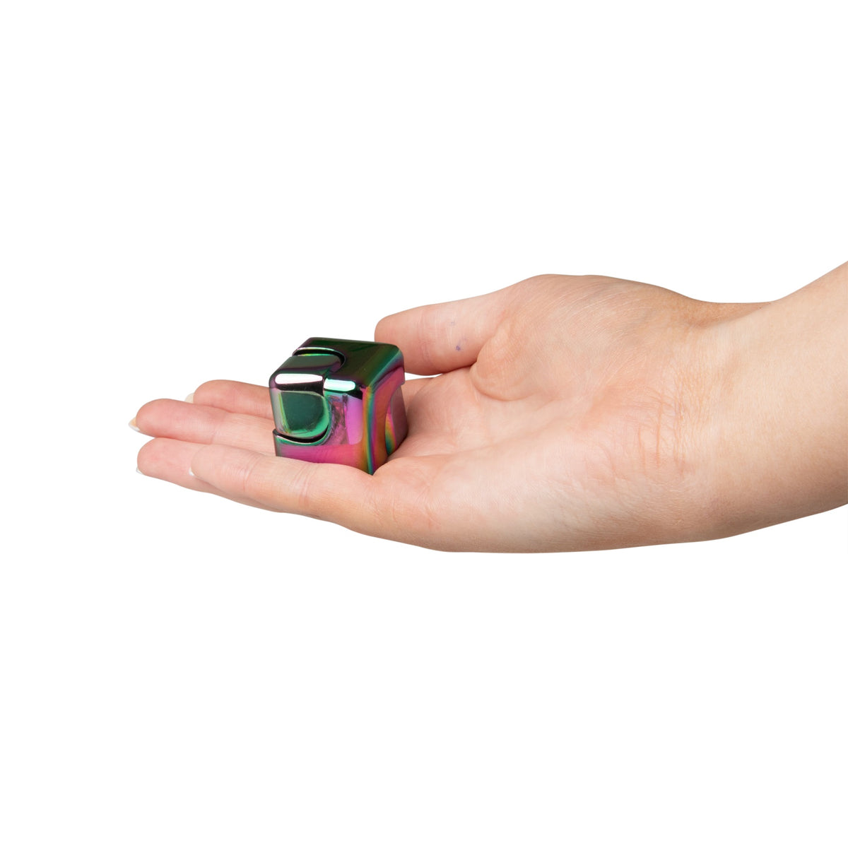 Close-up of fingers holding the rainbow metal fidget cube twisted open