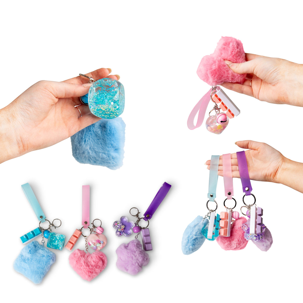 Hand squeezing the fuzzy purple pom on the Purple Flower fidget keychain