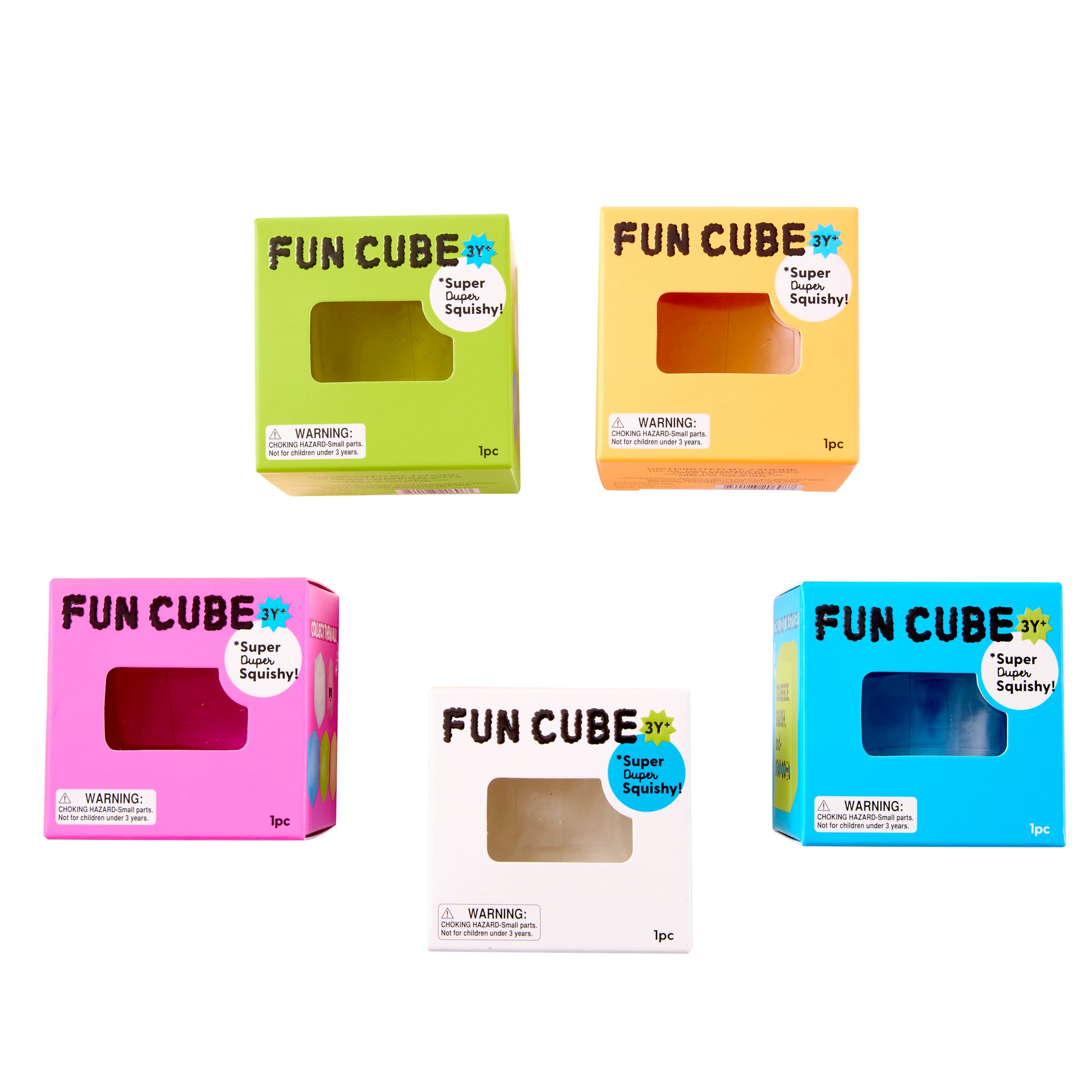 Assorted J'adore fun cube boxes showing five available color options including pink, yellow, orange, clear, and blue.