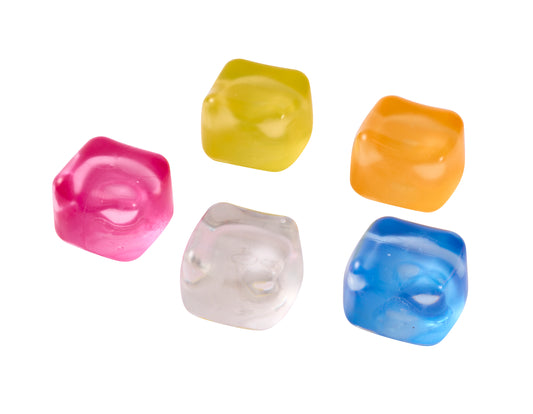 Five translucent J'adore fun cube sensory squeeze toys displayed in assorted colors including pink, yellow, orange, clear, and blue.
