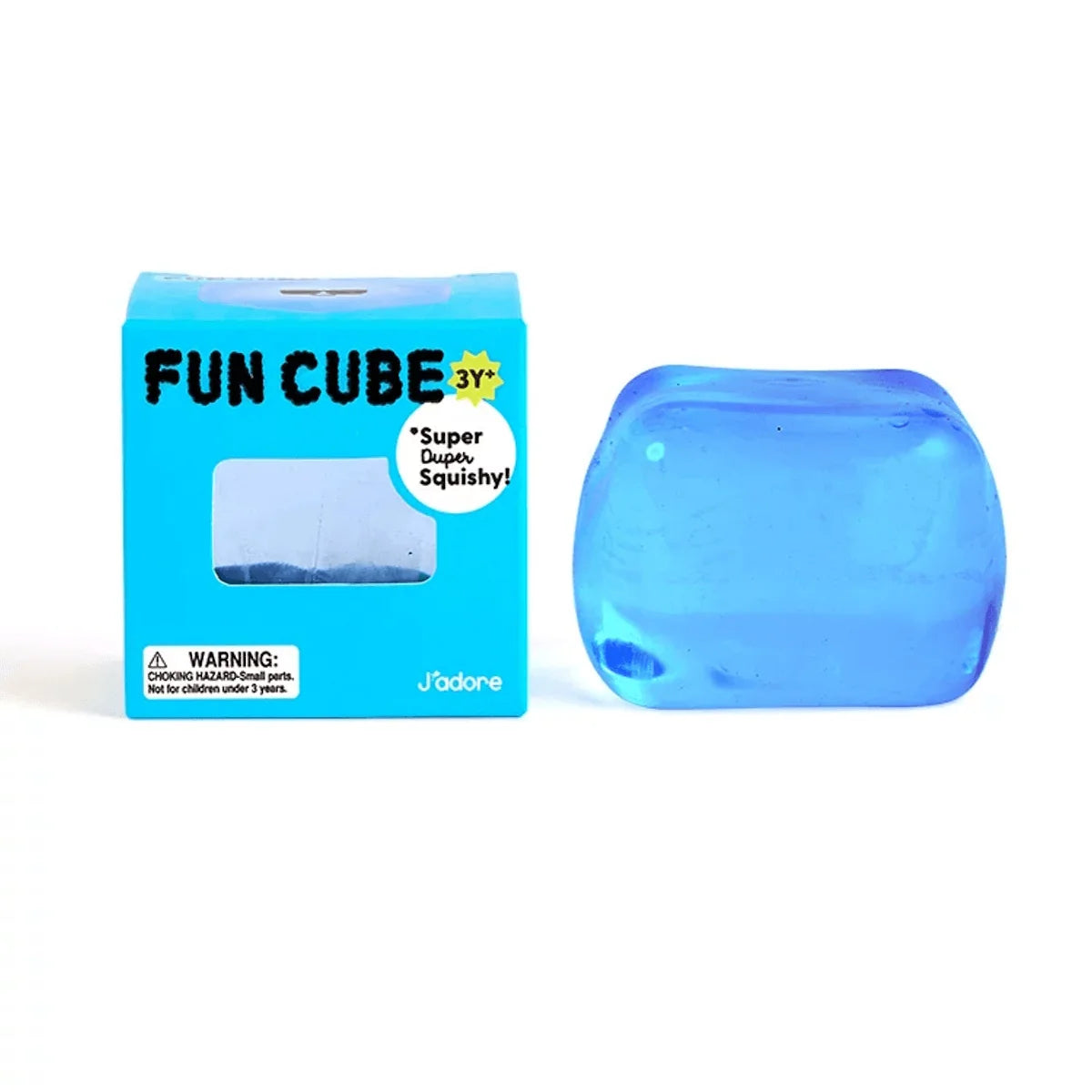 J'adore Fun Cube blue box next to the blue translucent squishy cube