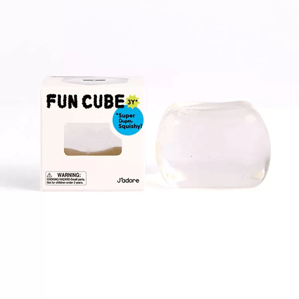 J'adore Fun Cube white box next to the clear translucent squishy cube