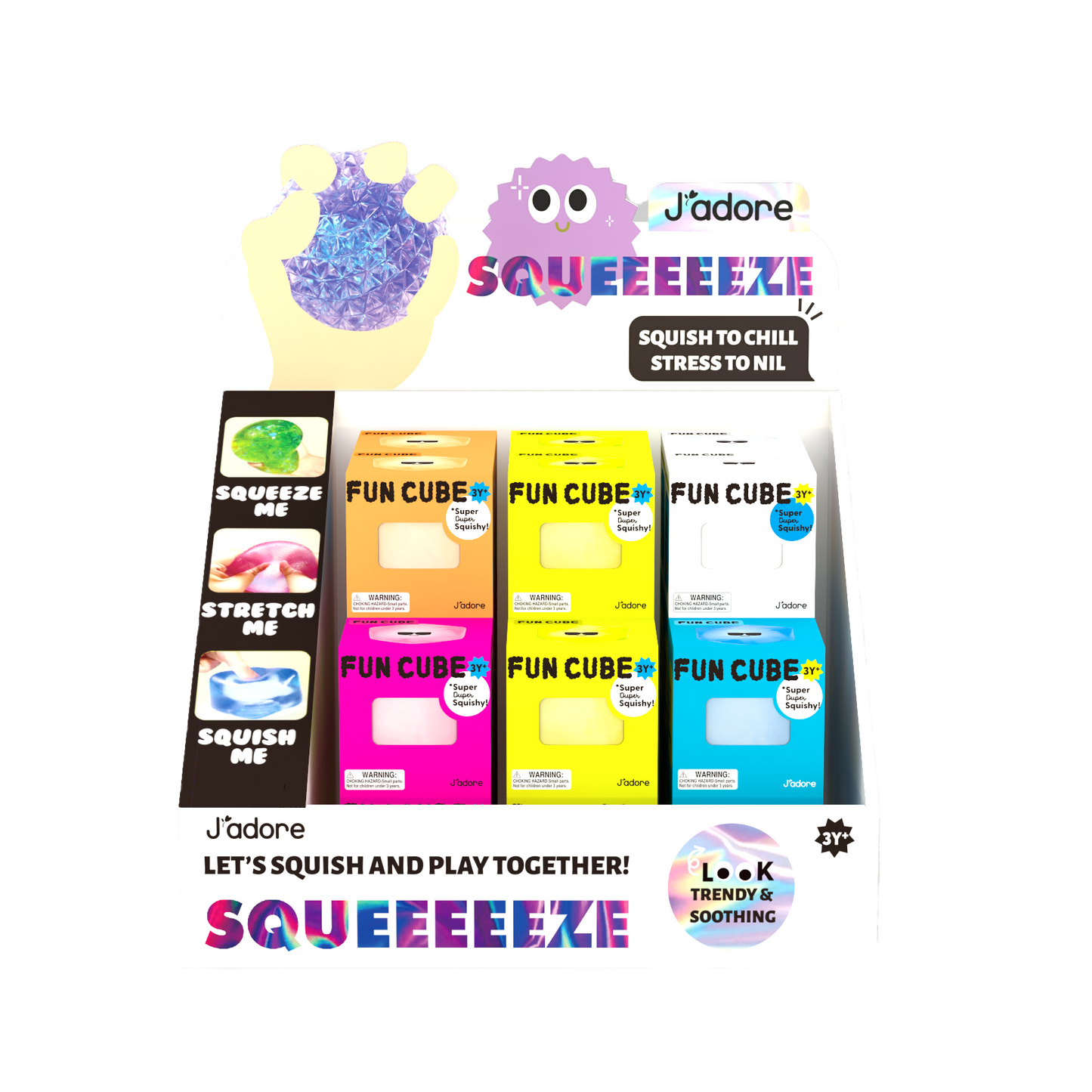 Display featuring assorted J'adore Fun Cube super duper squishy toys
