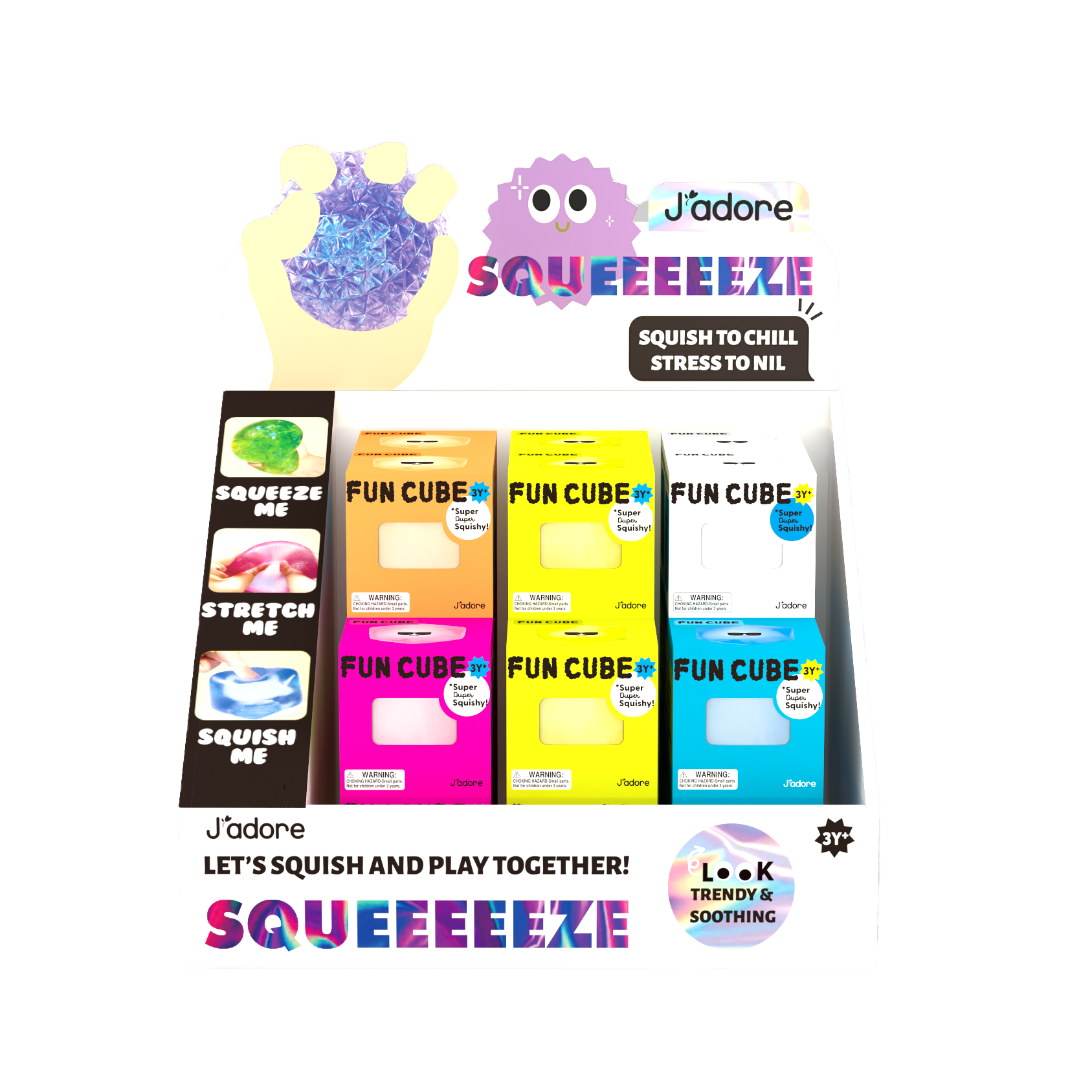 Display featuring assorted J'adore Fun Cube super duper squishy toys