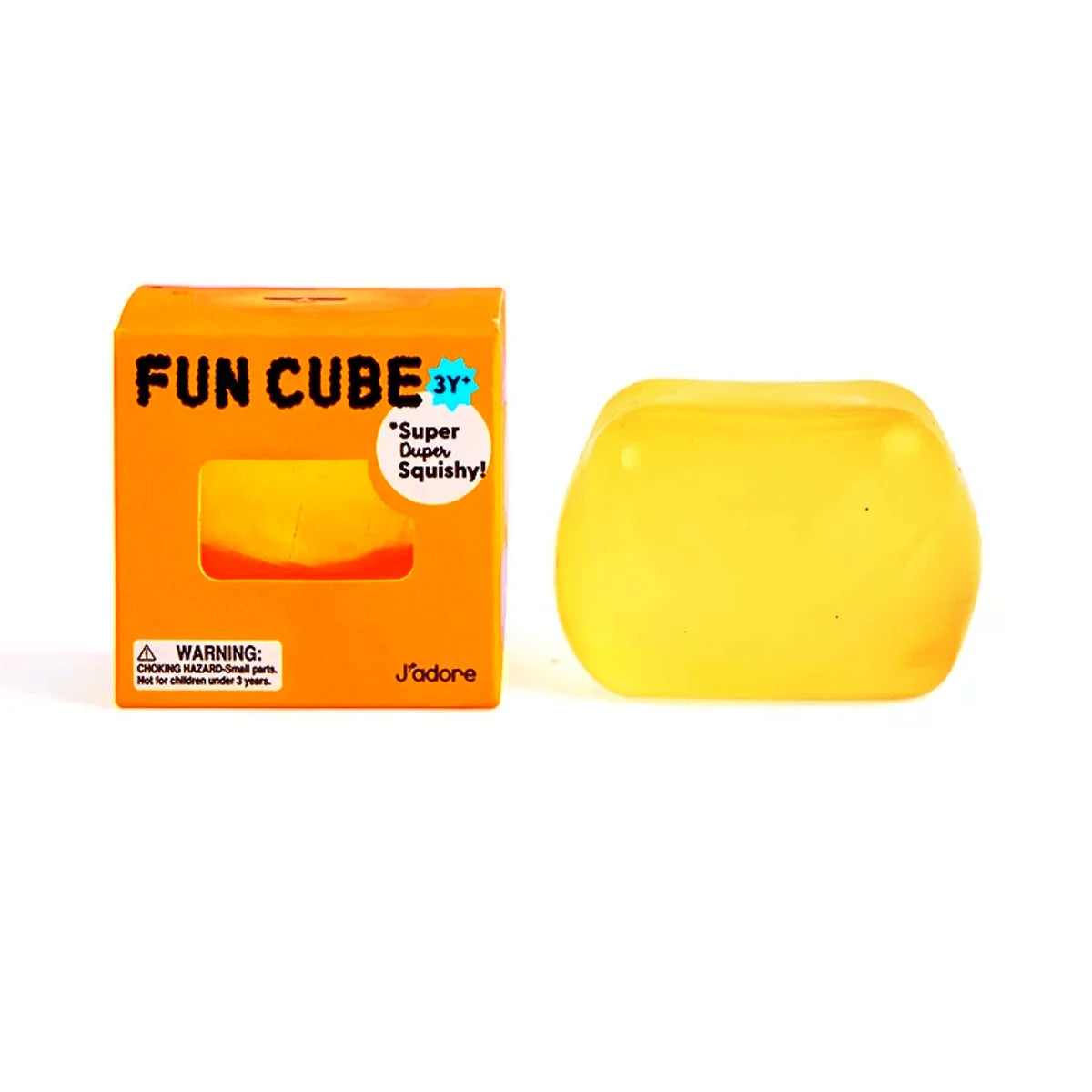 J'adore Fun Cube orange box next to the orange translucent squishy cube