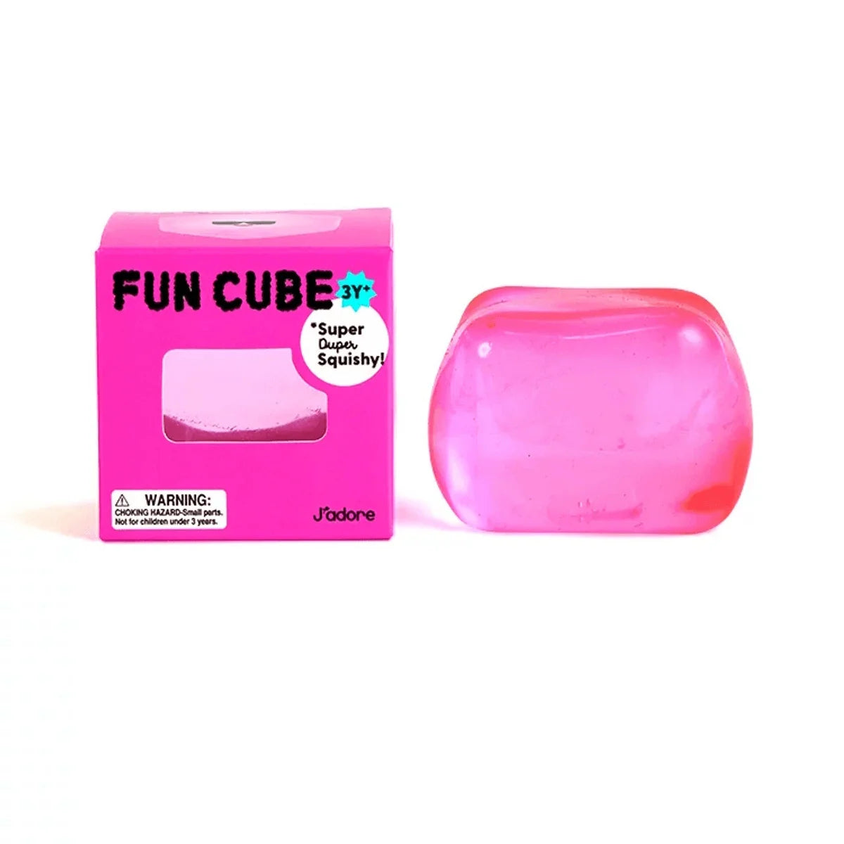 J'adore Fun Cube pink box next to the pink translucent squishy cube