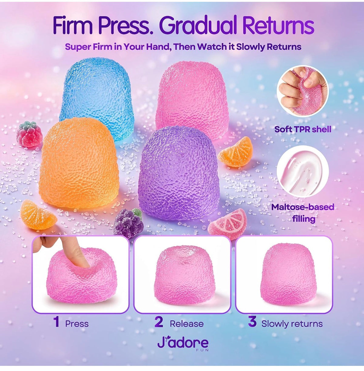 Infographic showing the Gum Droppable's soft shell, filled center, and slow return after a firm press