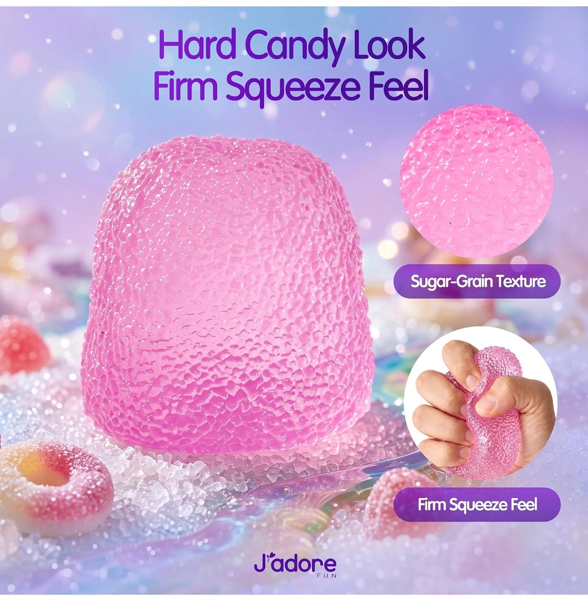 Infographic showing the Gum Droppable's hard candy look, sugar-grain texture, and firm squeeze feel