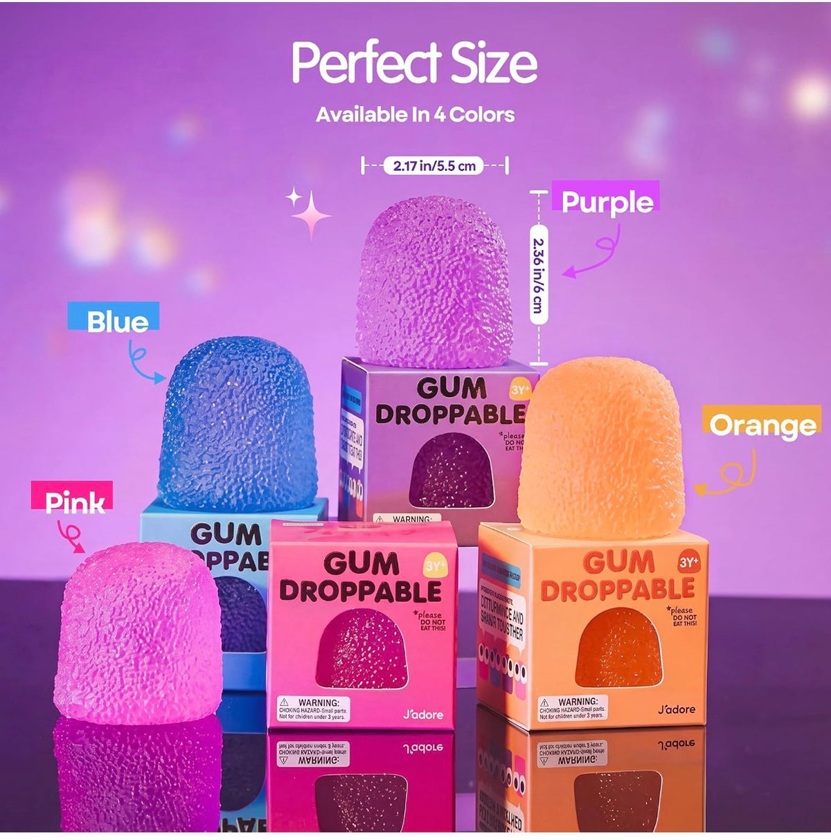 Infographic showing the Gum Droppable's size and four color options: blue, pink, orange, and purple