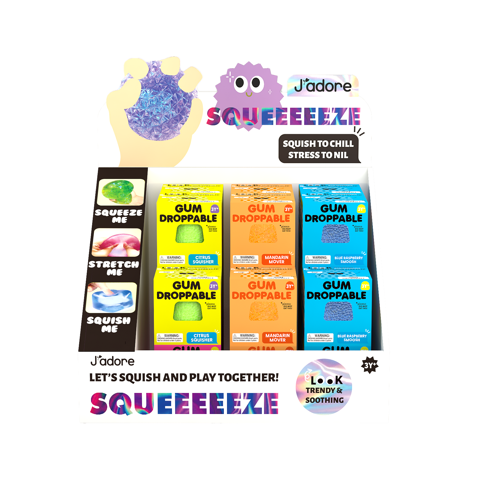 Retail display of J'adore Gum Droppable Squish toys showing assorted colors and squeeze, stretch, and squish features.