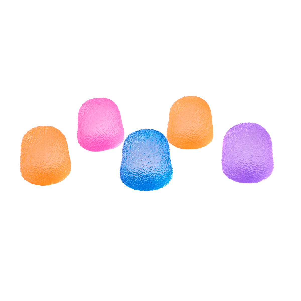 Five J'adore Gum Droppable gumdrop squishies in orange, pink, blue, orange, and purple