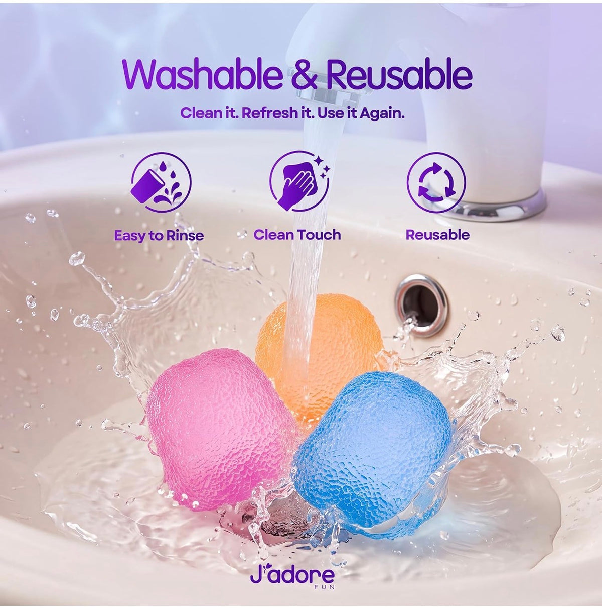Gum Droppable squishies being rinsed under running water, labeled easy to rinse, clean touch, and reusable