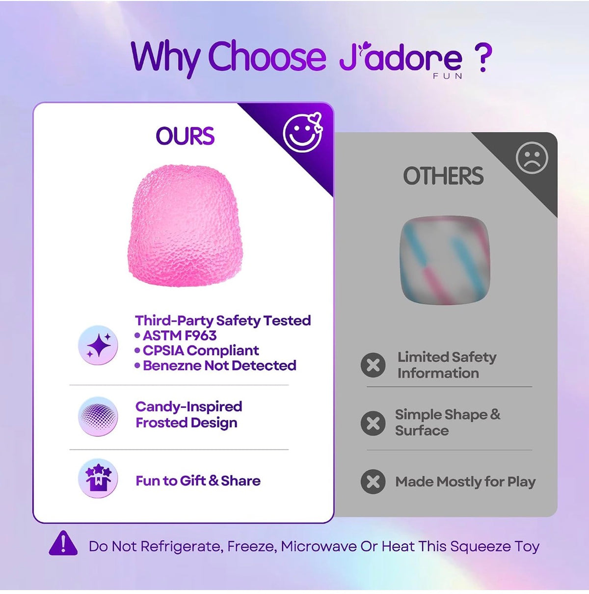 Infographic comparing J'adore Gum Droppable with other squishies on safety testing and design