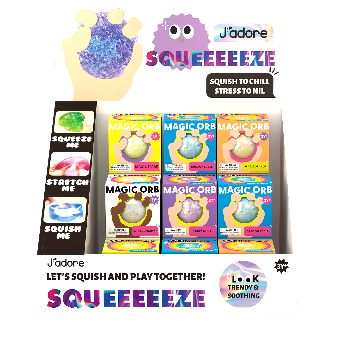 Retail countertop display filled with J'adore Magic Orb sensory squeeze balls in assorted magical color styles.