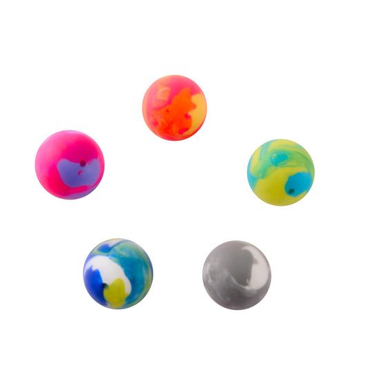 Five assorted J'adore solar squisers sensory squeeze balls with colorful marbled designs