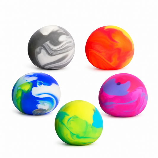 Five J'adore Solar Squishers marbled squishy balls in gray, orange, blue, green, and pink