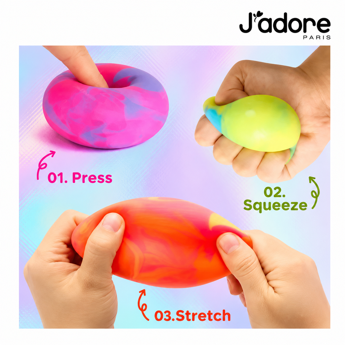 Hands pressing, squeezing, and stretching soft marbled J'adore Solar Squishers