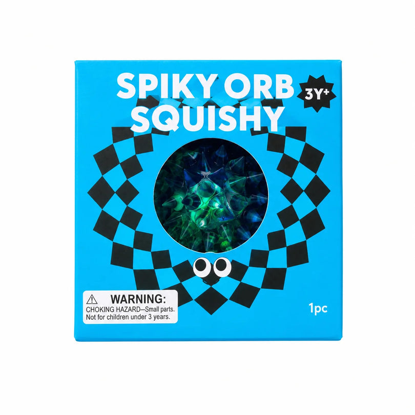 J'adore Spiky Orb Squishy blue box next to the blue textured squishy ball