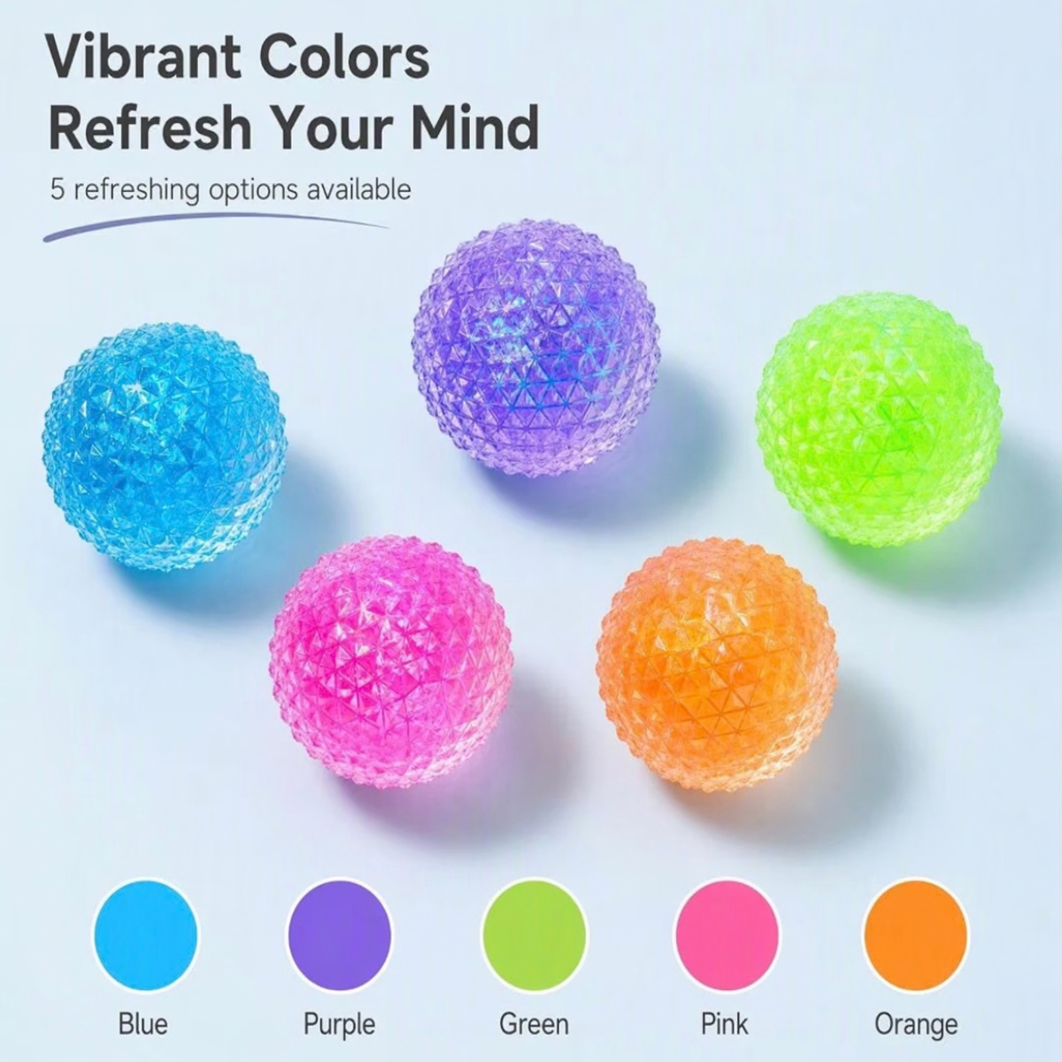 J'adore Spiky Orb squishy color guide showing five options: blue, purple, green, pink, and orange