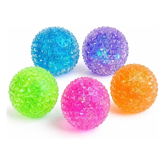 Five textured J'adore Spiky Orb squishy balls in blue, purple, green, pink, and orange