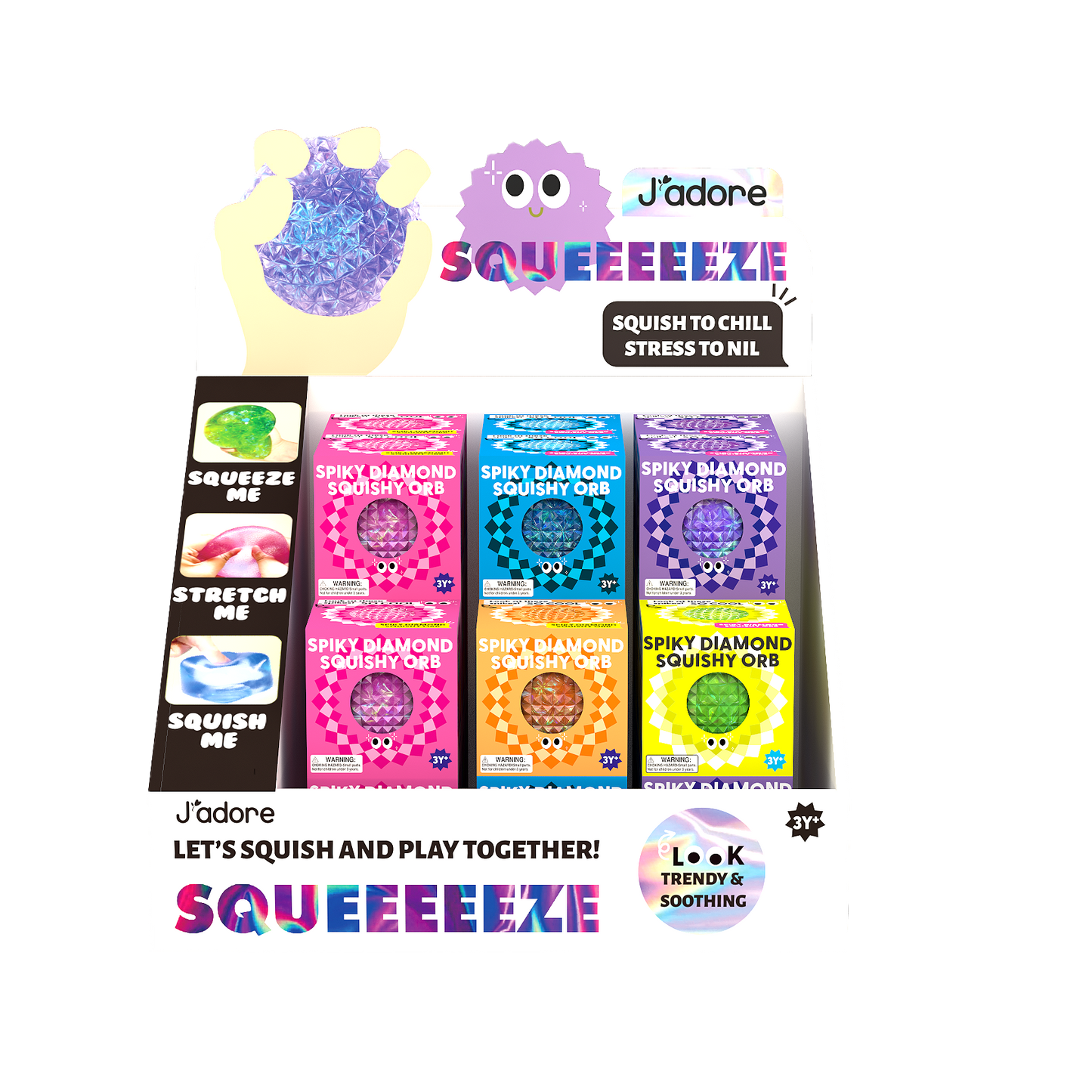 Retail display of J'adore Spiky Orb Squishy textured sensory squeeze balls with colorful packaging
