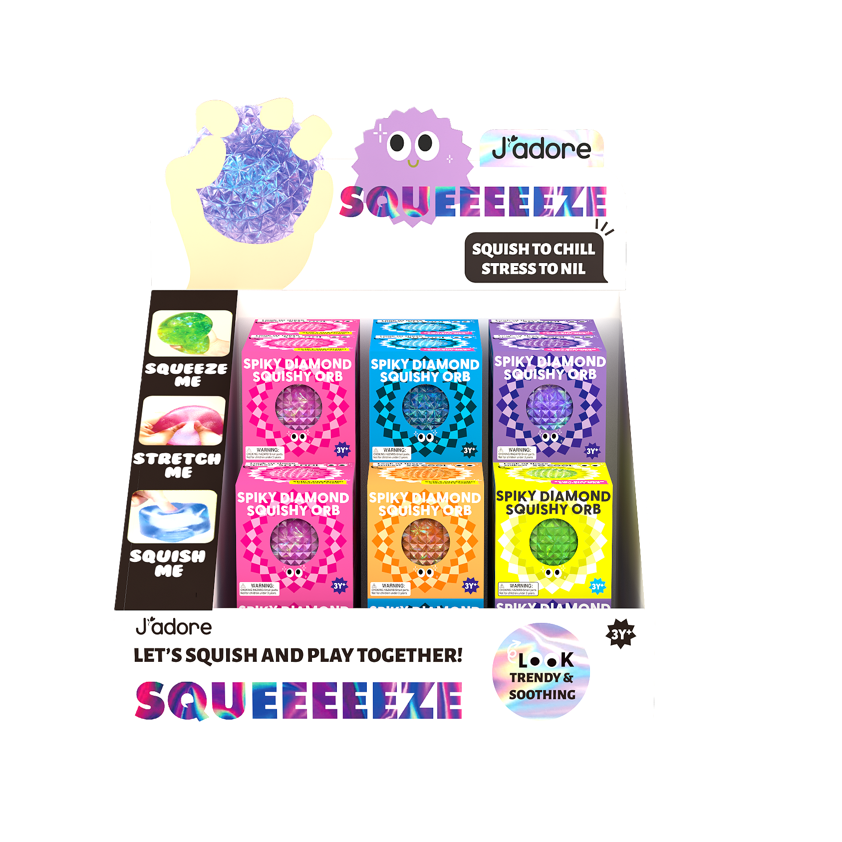 Retail display of J'adore Spiky Orb Squishy textured sensory squeeze balls with colorful packaging