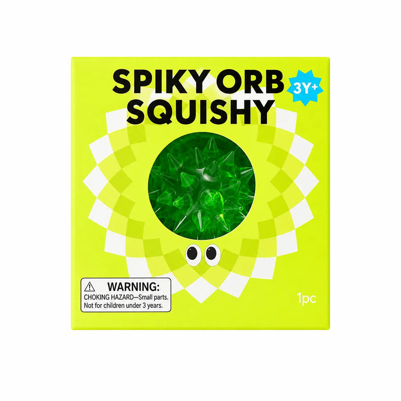 J'adore Spiky Orb Squishy green box next to the green textured squishy ball