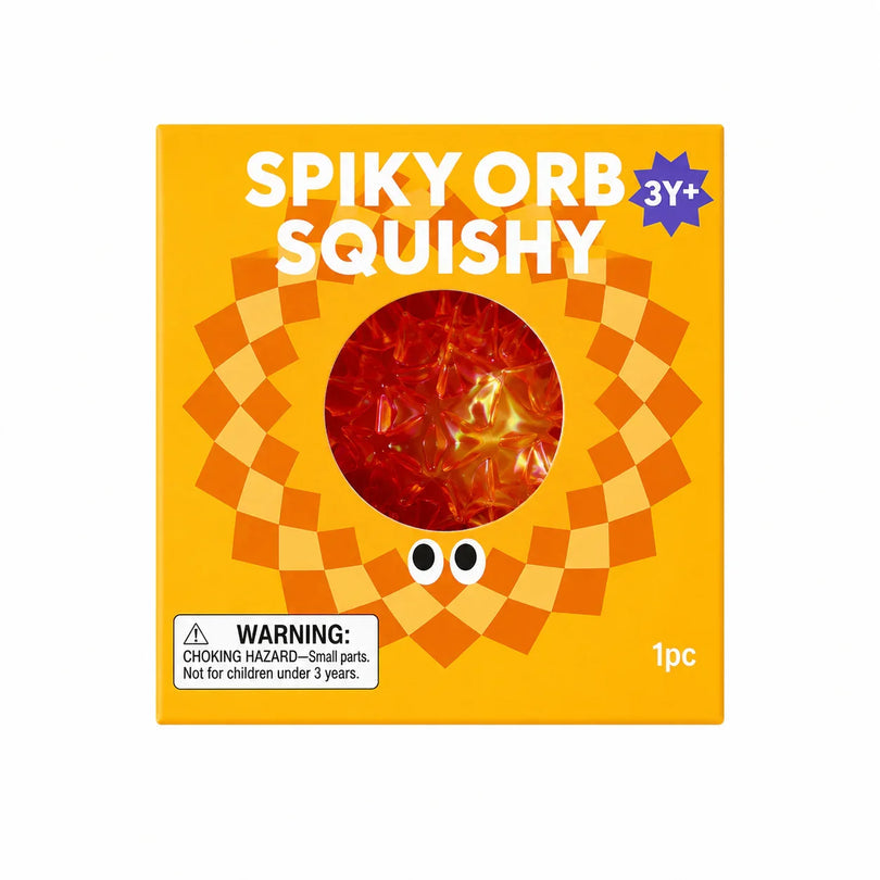 J'adore Spiky Orb Squishy orange box next to the orange textured squishy ball