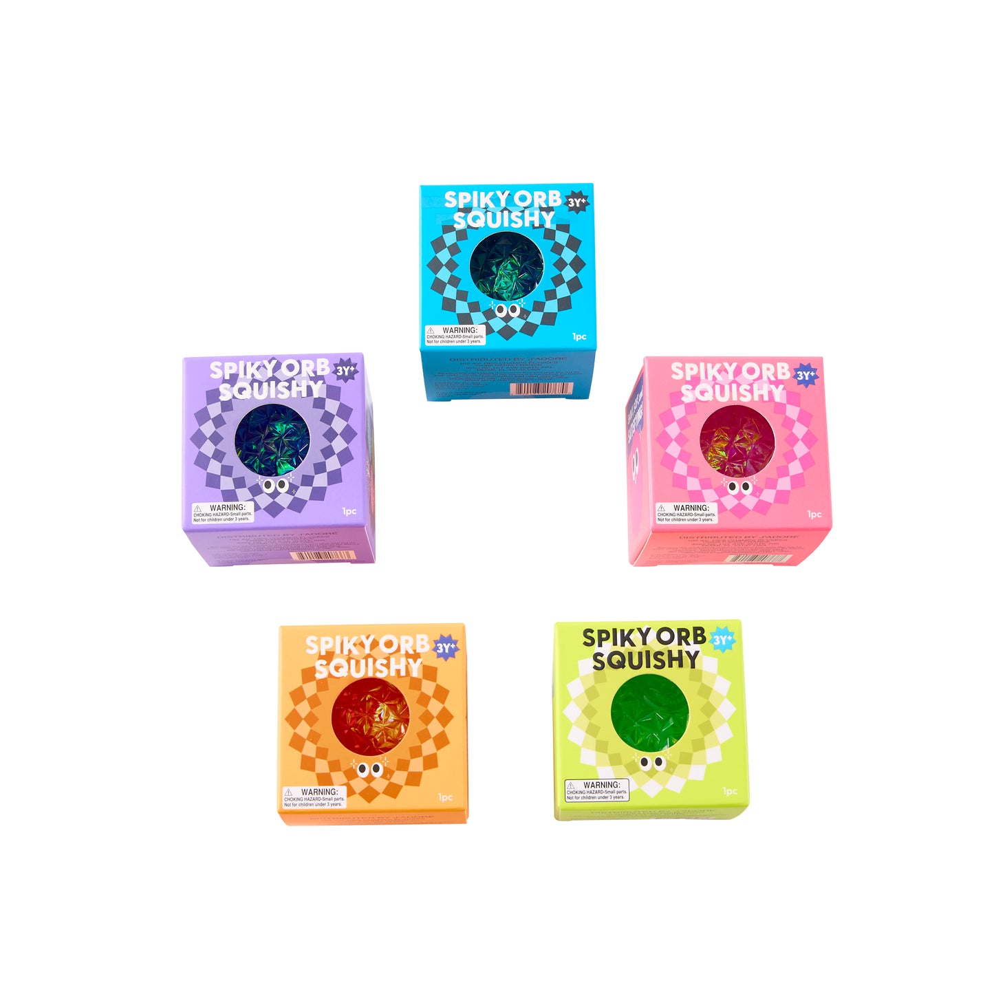 Five colorful translucent textured Spiky Orb Squishy sensory balls in blue, purple, pink, orange, and green.