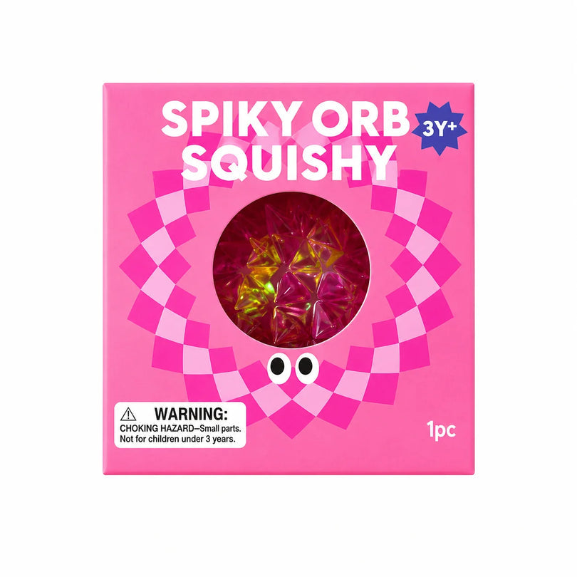 J'adore Spiky Orb Squishy pink box next to the pink textured squishy ball