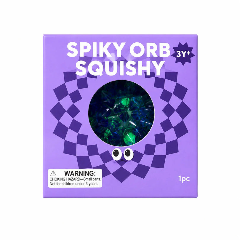 J'adore Spiky Orb Squishy purple box next to the purple textured squishy ball