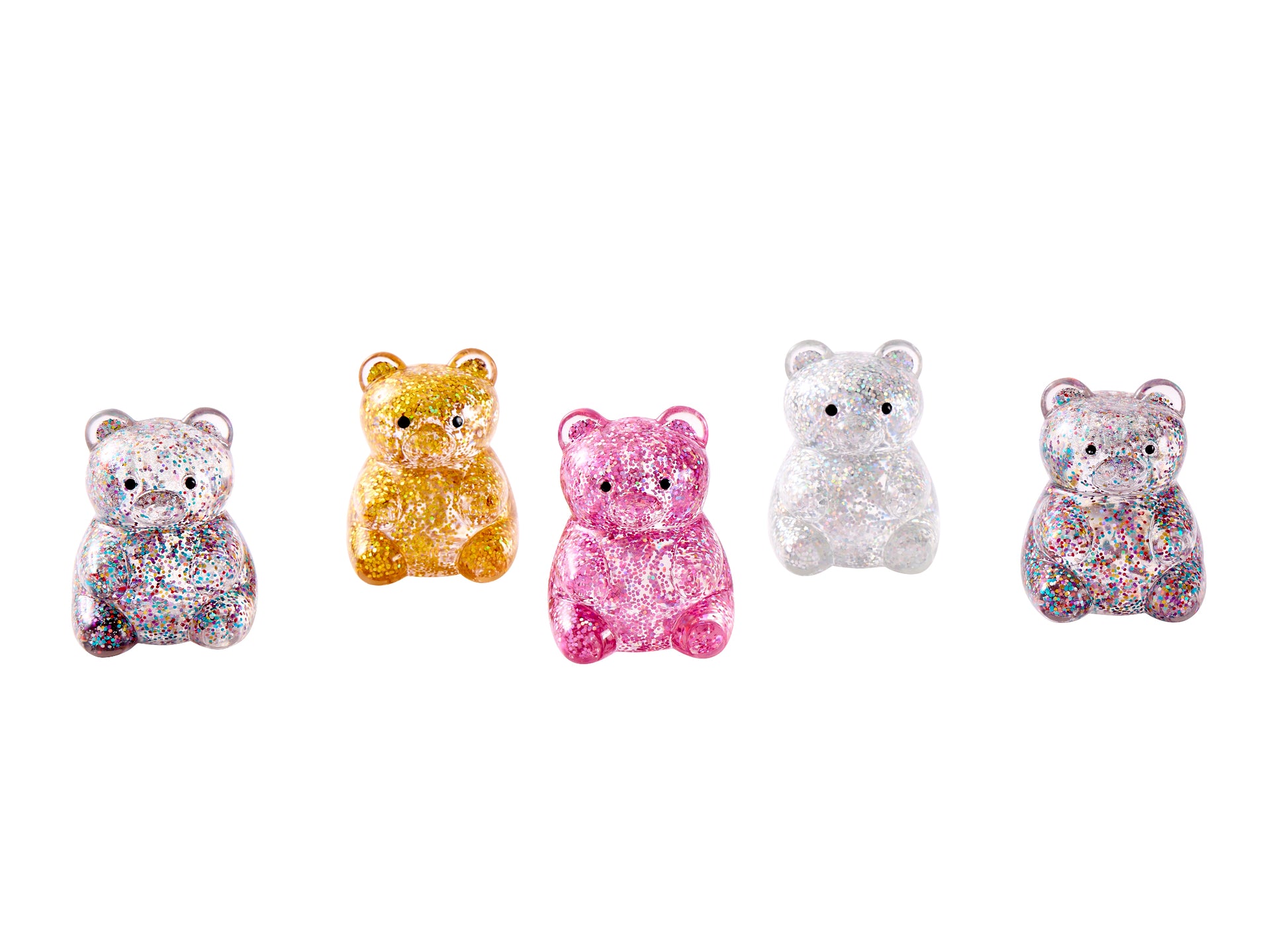 Five assorted J'adore Squeezy Bear glitter-filled squishy bears in different sparkling color combinations.