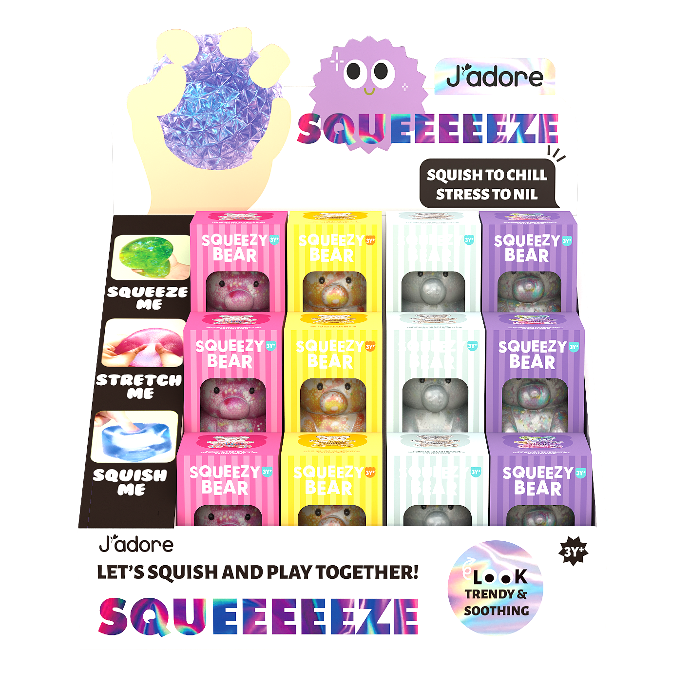 J'adore Squeezy Bear retail display featuring assorted glitter bear squishy toys in colorful packaging.