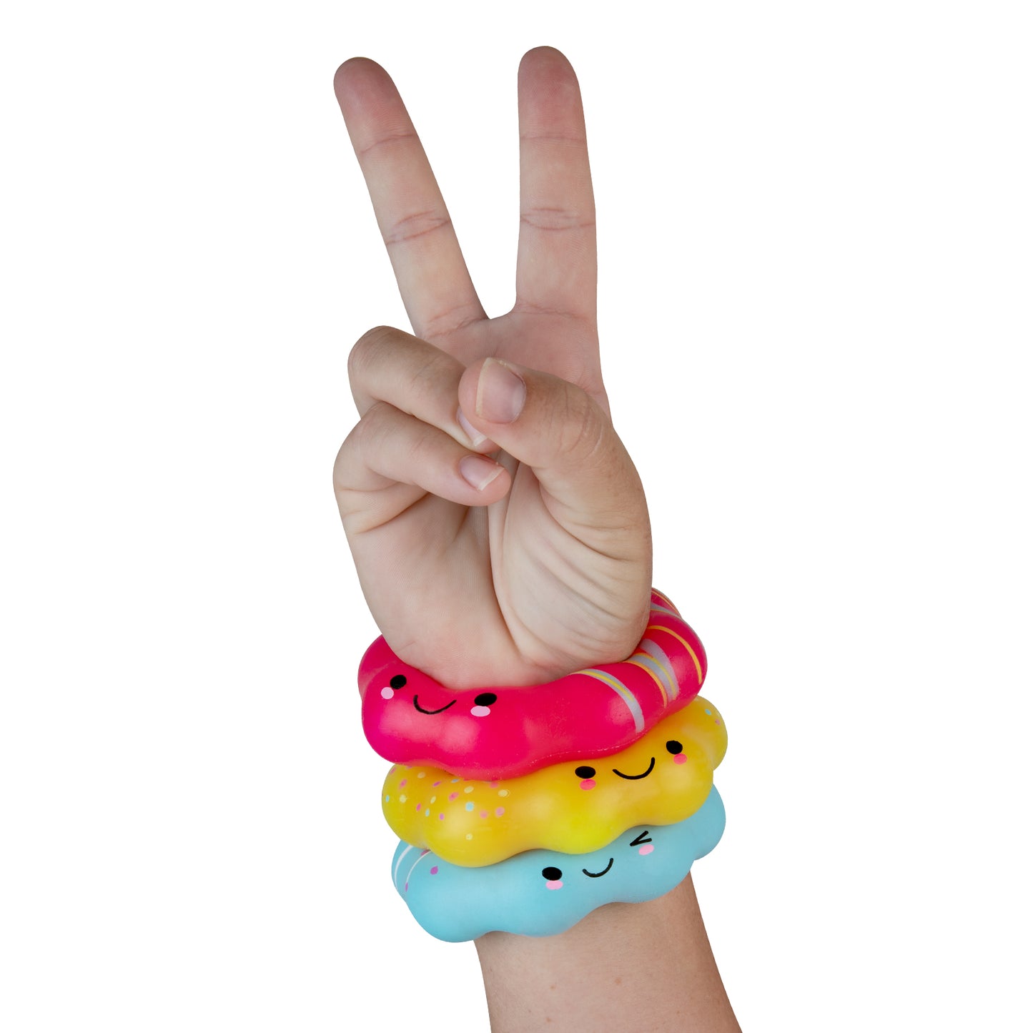 Child wearing colorful kawaii donut squishy bracelets on wrist