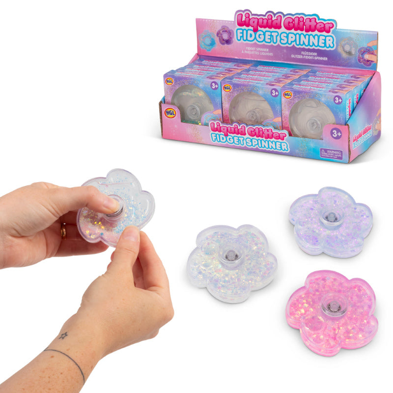 New Liquid Glitter Fidget Spinner shown with hand demo and retail display box in three colors