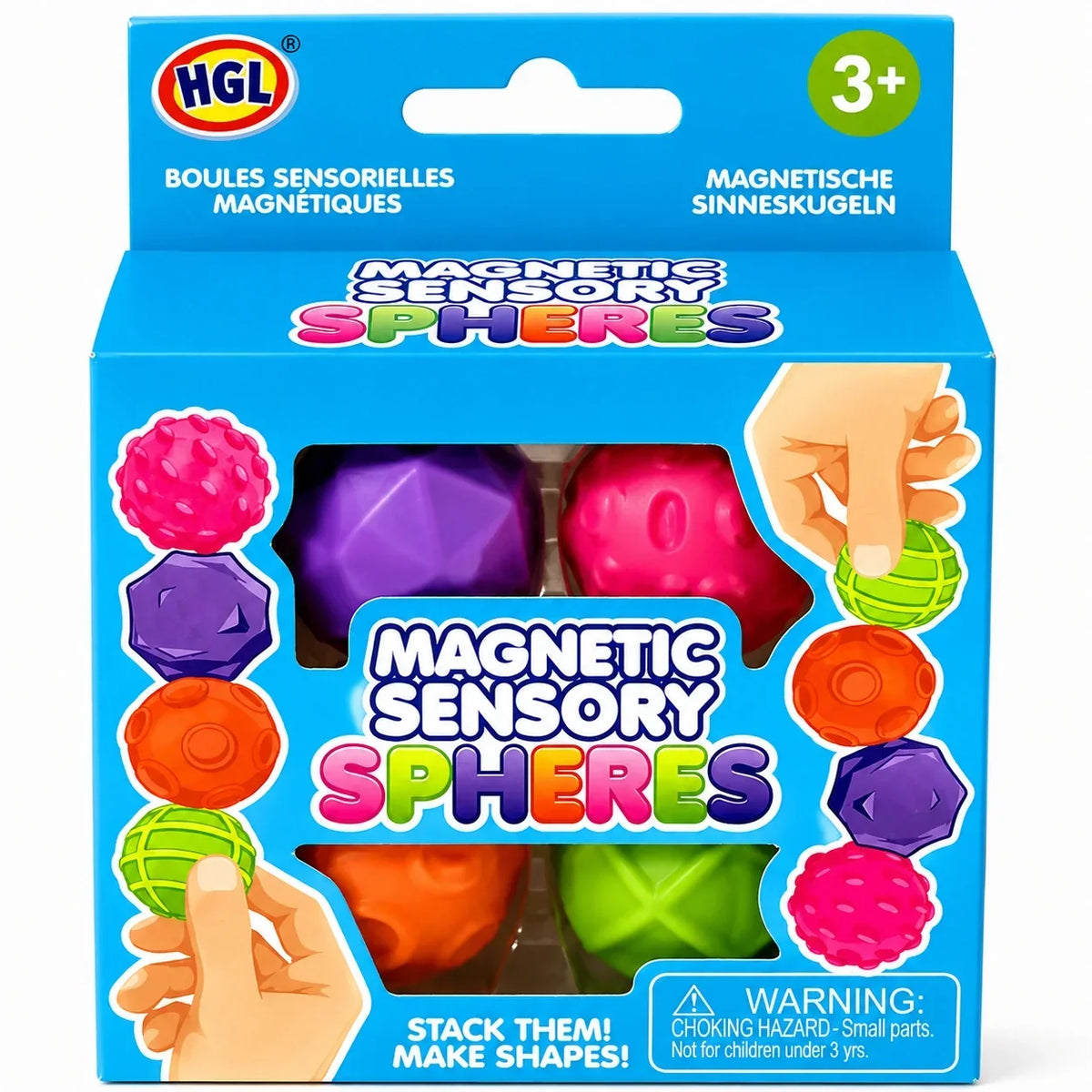 Magnetic Sensory Spheres retail packaging box showing all four textured ball colors