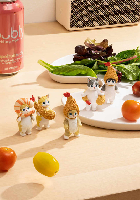 Mofusand shrimp cat blind box collectible figures on desk aesthetic setup
