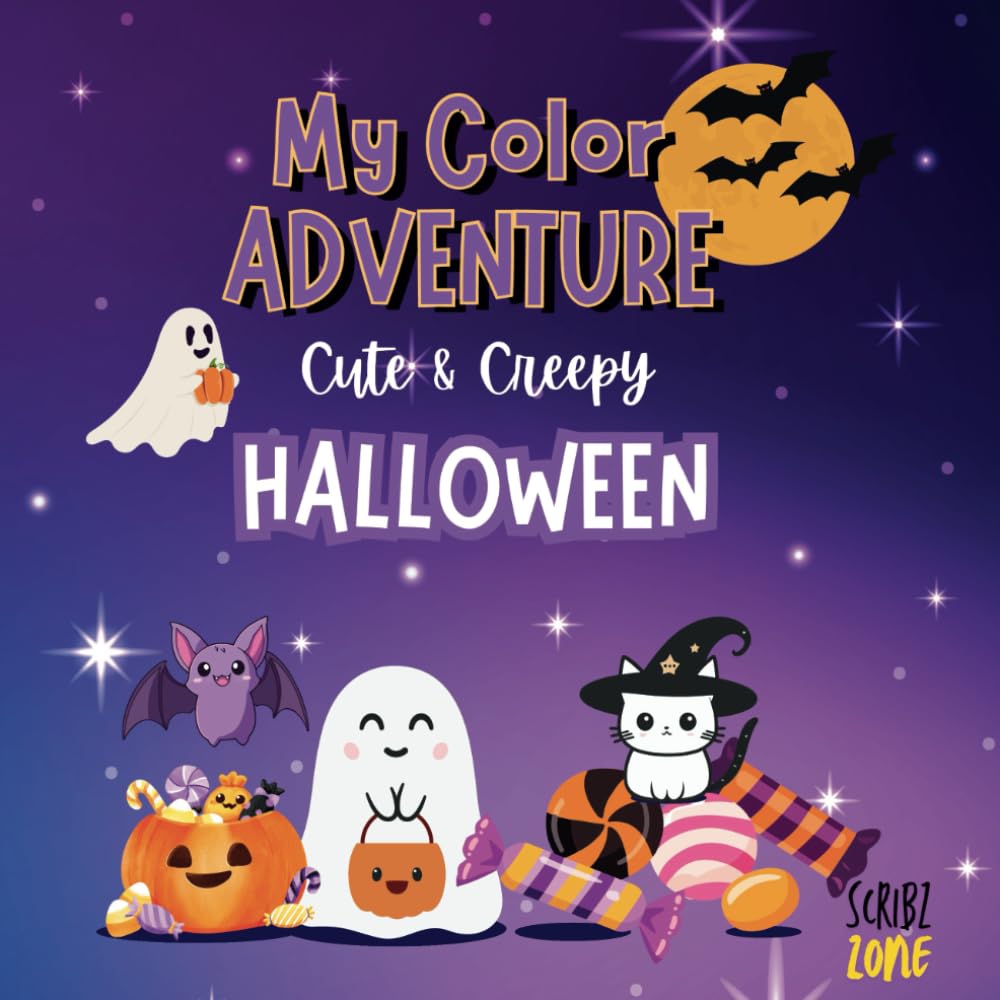 Front cover of My Color Adventure Halloween kids coloring and activity book with a ghost, bat, witch cat and candy on a purple starry background