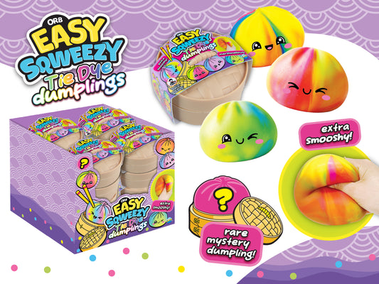 ORB Easy Squeezy Tie Dye Dumplings squishy toy collection featuring colorful dumpling characters, blind-style packaging, display box, and rare mystery dumpling artwork.