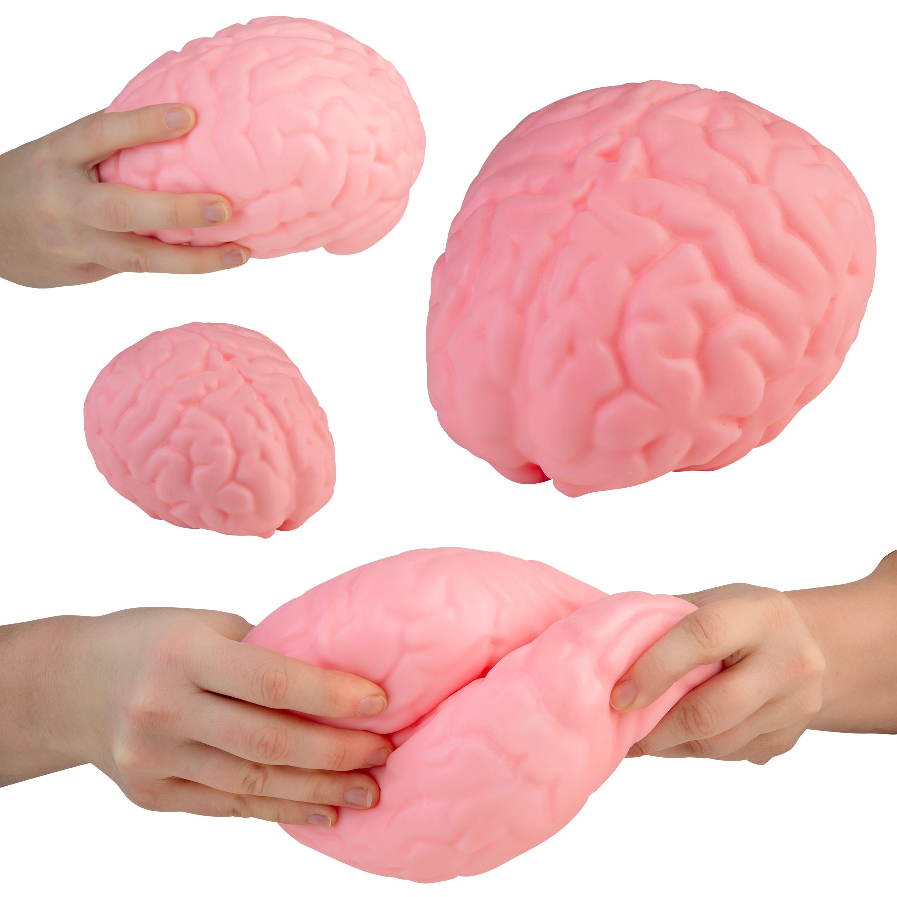 Collage showing the Easy Sqweezy Jumbo Brainy squishy toy from multiple angles with squeezing demonstration.
