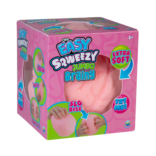 Front packaging of the ORB Easy Sqweezy Jumbo Brainy slow-rise brain squishy toy.