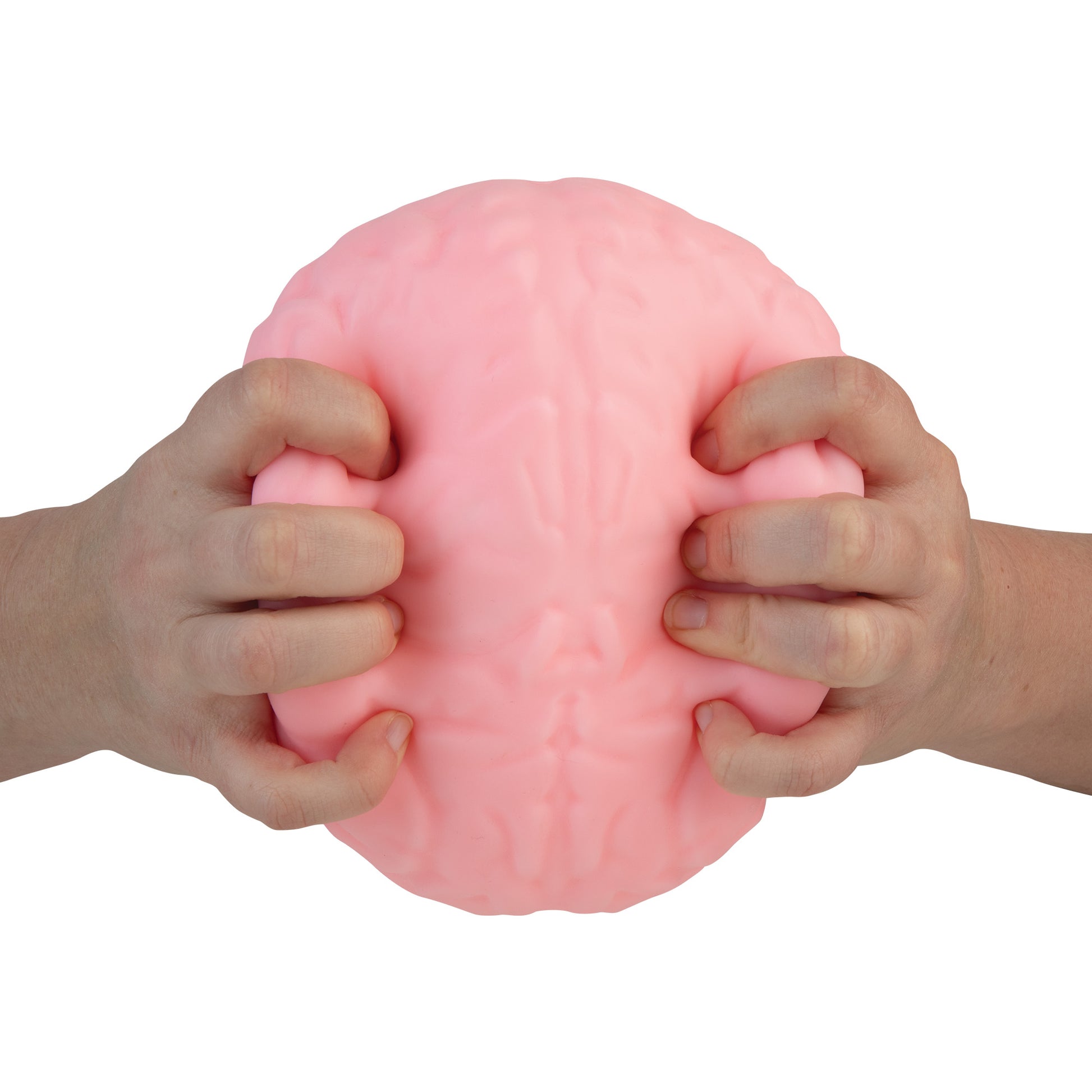 Hands squeezing the ORB Easy Sqweezy Jumbo Brainy extra soft brain-shaped squishy toy.