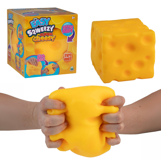 Collage showing the Easy Sqweezy Super Cheesy packaging, cheese squishy, and squeezing demonstration.