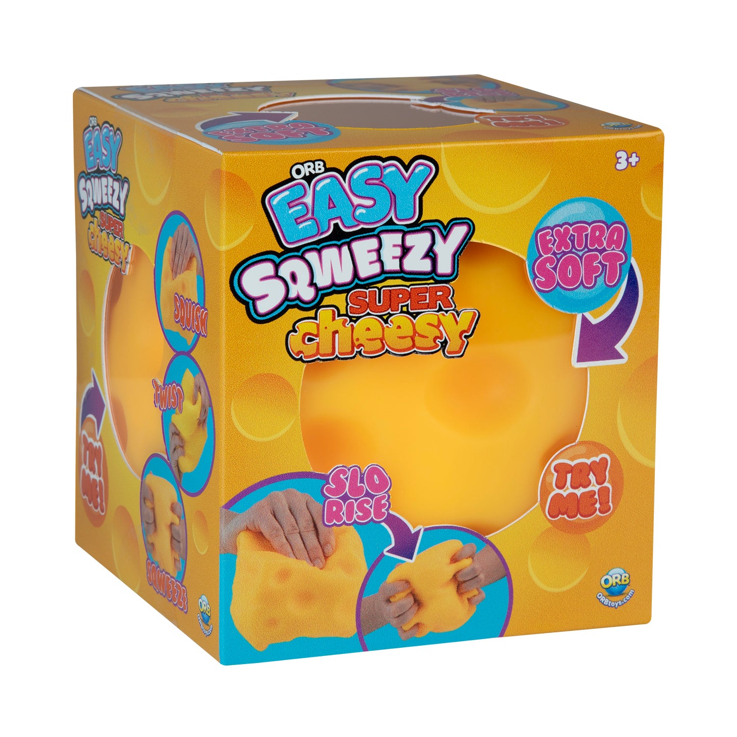 Front packaging of the ORB Easy Sqweezy Super Cheesy oversized cheese squishy showing extra soft and slow-rise features.