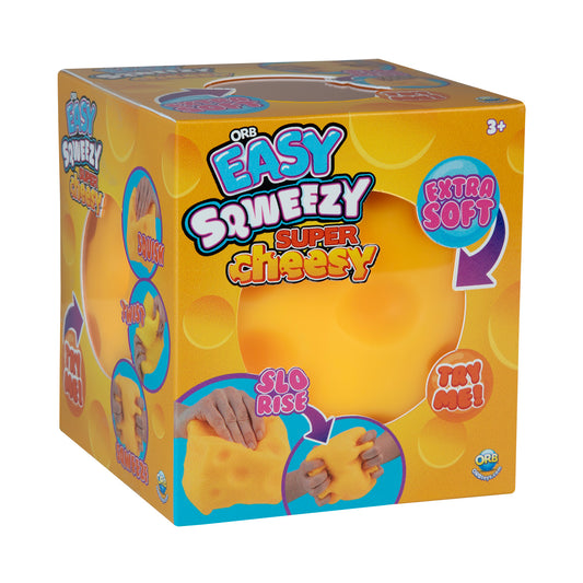Front packaging of the ORB Easy Sqweezy Super Cheesy oversized cheese squishy showing extra soft and slow-rise features.